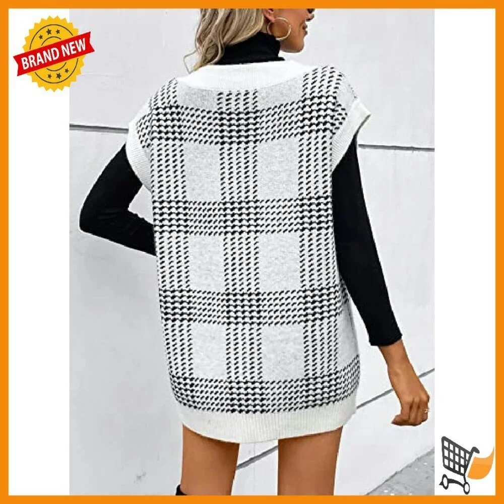 Oversized V-Neck Cable Knit Sweater Vest Sleeveless Fall Cozy